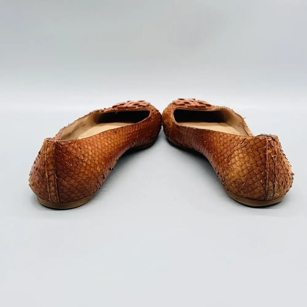 Tory Burch Shoes Womens 6 Brown Leather Snake Embossed Ballet Flats Logo Slip On